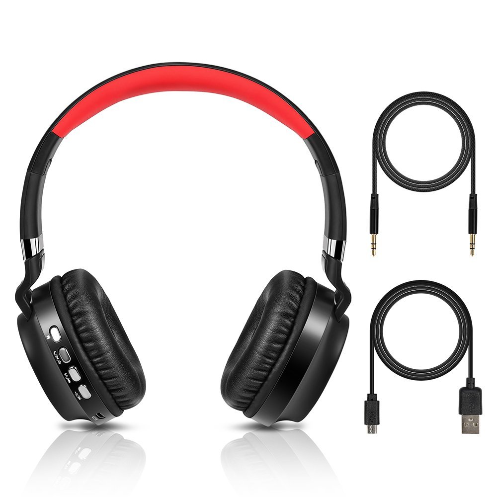 Bluetooth Headphones, Wireless Over Ear Headphones, Foldable Hi-Fi Stereo Headset with Noise Cancelling Microphone, Supports TF Card Hands-Free Calling and Wired Mode (Black&Red)