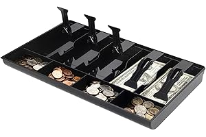 FRDHEE Cash Register Drawer Insert Tray 5 Bill 4 Coin, 15.94 x 9.65 x 1.38 in Safe Case Box Money Tray Insert Storage Organizer Drawer for Supermarkets Shops Hotels Commercial Currency Register Black