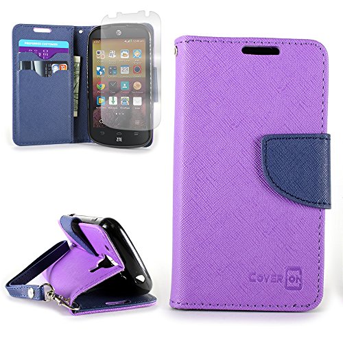 ZTE Compel Z830 Case, Flip Stand Wallet [CoverON CarryAll Pouch] Tough Exterior Design [Features Credit Card ID Slots and Wrist Strap] Phone Cover Case for ZTE Compel Z830 - Purple / Navy Blue - Thumbnail 4