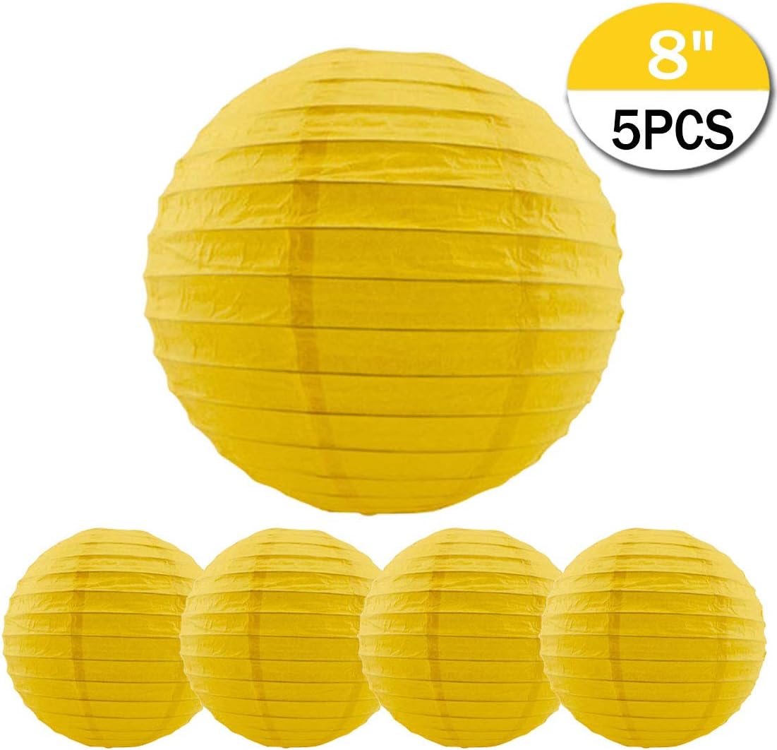 5 Packs Yellow Round Paper Lanterns Chinese Lanterns 8 inch Large Hanging Ball Decorations for Halloween Birthday Bridal Wedding Baby Shower Parties Assorted Sizes (Yellow, 8'')