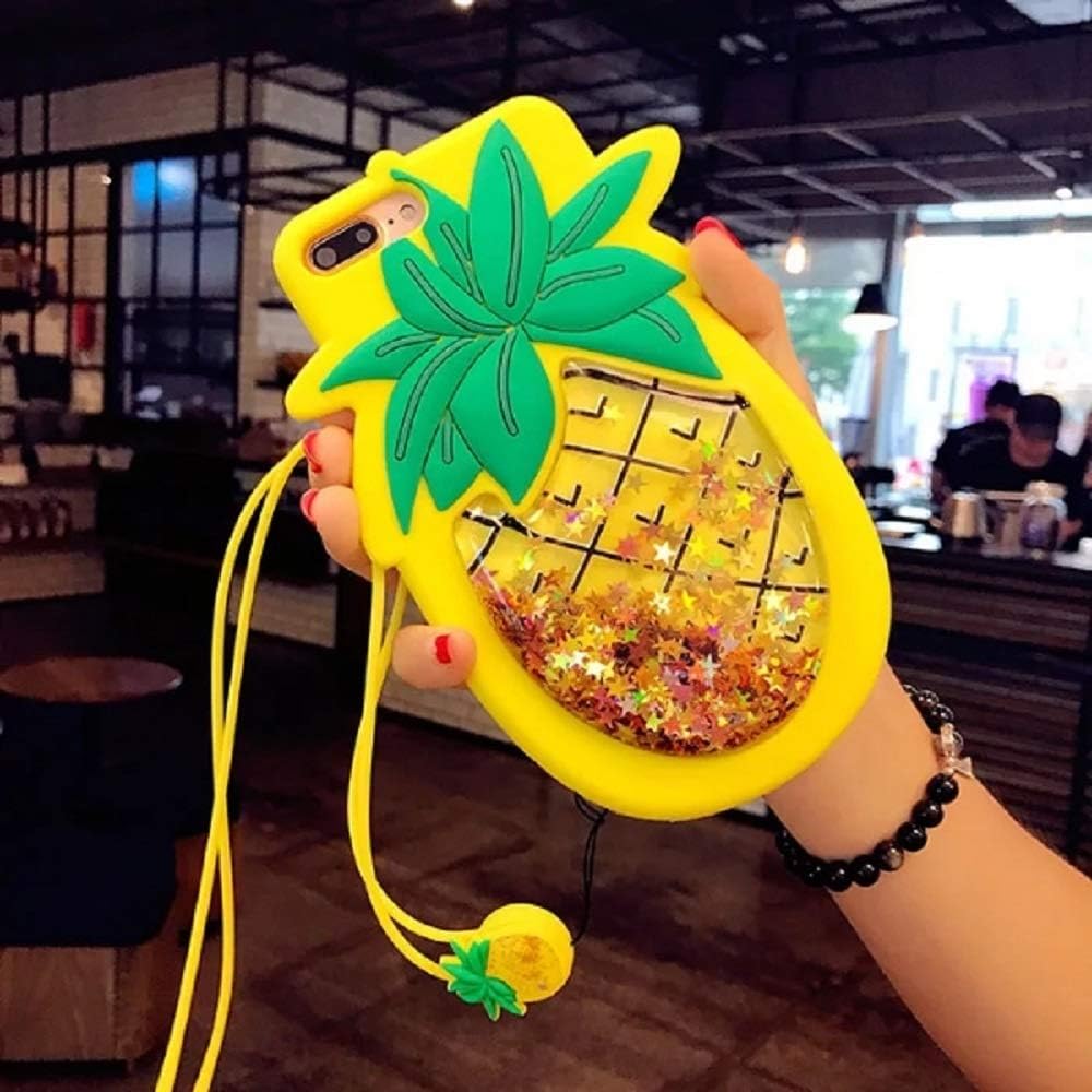 BABEMALL Compatible for iPhone 7 Plus/ 8 Plus Case, Cute Bling Flowing Liquid Floating Glitter Stars Soft Flexible Silicone Case (Pineapple, iPhone 7 Plus/iPhone 8 Plus)