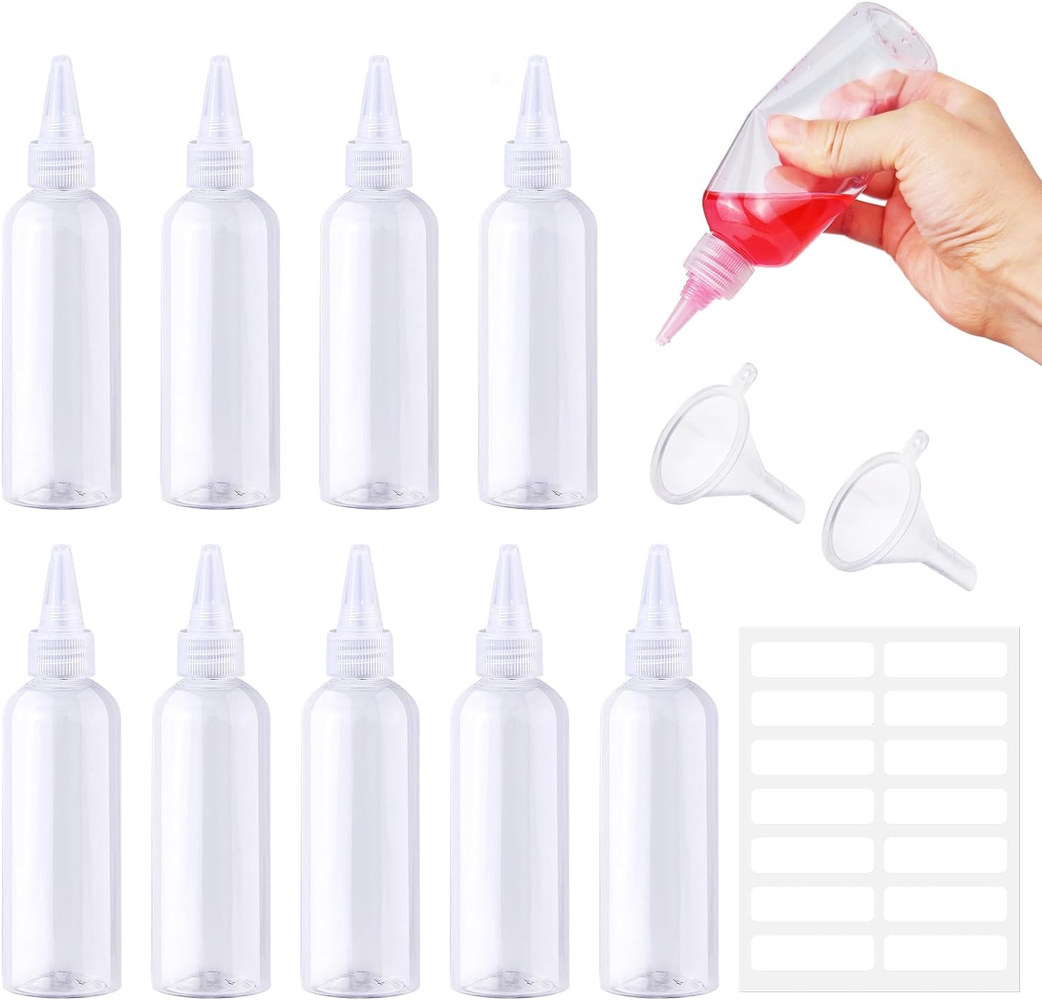 Prebarfun 10 PCS 100ml Squeezy Bottles with Nozzles, Plastic Squeezy Sauce Bottles Small, Clear Condiment bottle with Funnels Labels for Sauce Oil Ketchup DIY Crafts
