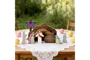 Wooden Empty Tomb Easter Scene - 9 Pcs Resurrection Scene with Cross | He is Risen Christian Decor for Home | Religious Jesus