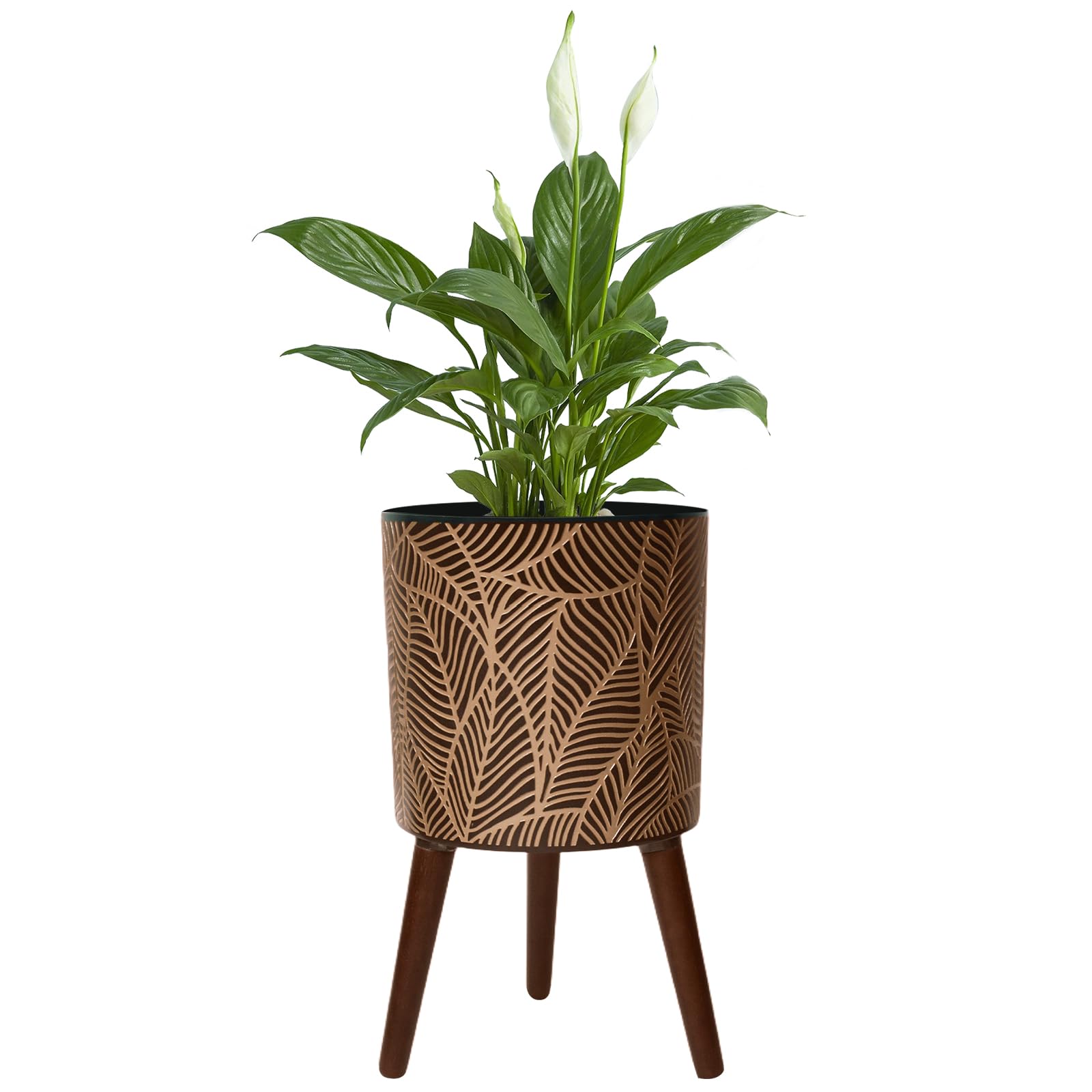 Photo 1 of 12inch Black Plant Pots for Indoor Plants Large Boho Flower Pot with Stand Modern Planters with Gold Floral Embossed Standing Planter with Drainage for Living Room, Office, Garden or Balcony