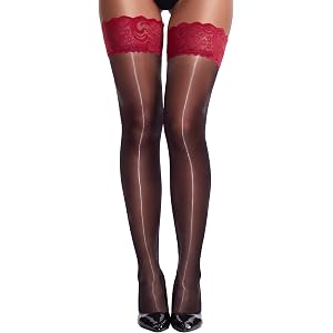 RSLOVE Women's Shiny Thigh High Stockings with Lace Top | Glossy Finish, Stay Up, 30D Sheer, Floral Pattern, High Stretch