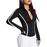 OYOANGLE Women's Contrast Trim Workout Jacket Stand Collar Full Zip Up Athletic Long Sleeve Jackets for Gym Running