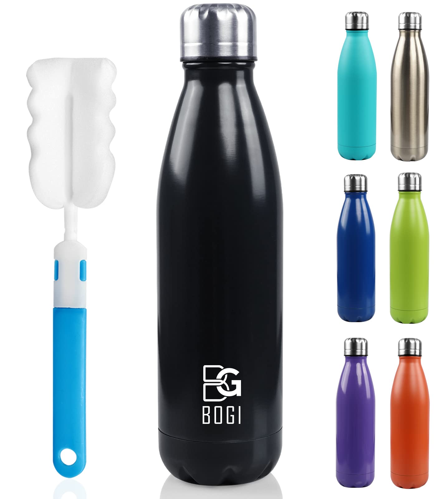 BOGI Insulated Metal Water Bottle, 500ml - Leakproof Stainless Steel - Keeps Hot & Cold - Gym Sports Bottle for Girls & Boys - Black