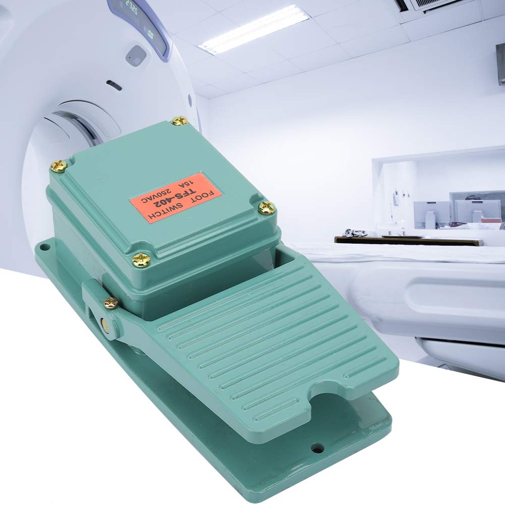 TFS-402 Foot Pedal Switch, Electric Reset Foot Switch, AC 250V 15A 1NO 1NC Silver Foot Switch, Momentary Treadle Nonslip Aluminum Foot Pedal Switch, Green