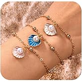 CIWEAI 3Pcs Seashell Pearl Gold Beach Bracelets Set for Women Trendy Blue/White/Peach Shell Conch Statement Bracelet Fashion Cowrie Beachy Holiday Hawaii Jewelry