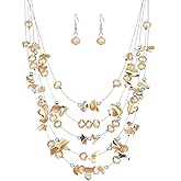 Multi-Layer Boho Shell Beaded Necklace for Women Colorful Crystal Strand with Silver Beads Statement Collars Necklace and Earrings Costumes Jewelry Sets for Women