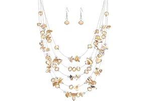 ERRALLY Multi-Layer Boho Shell Beaded Necklace for Women Colorful Crystal Strand with Silver Beads Statement Collars Necklace and Earrings Costumes Jewelry Sets for Women