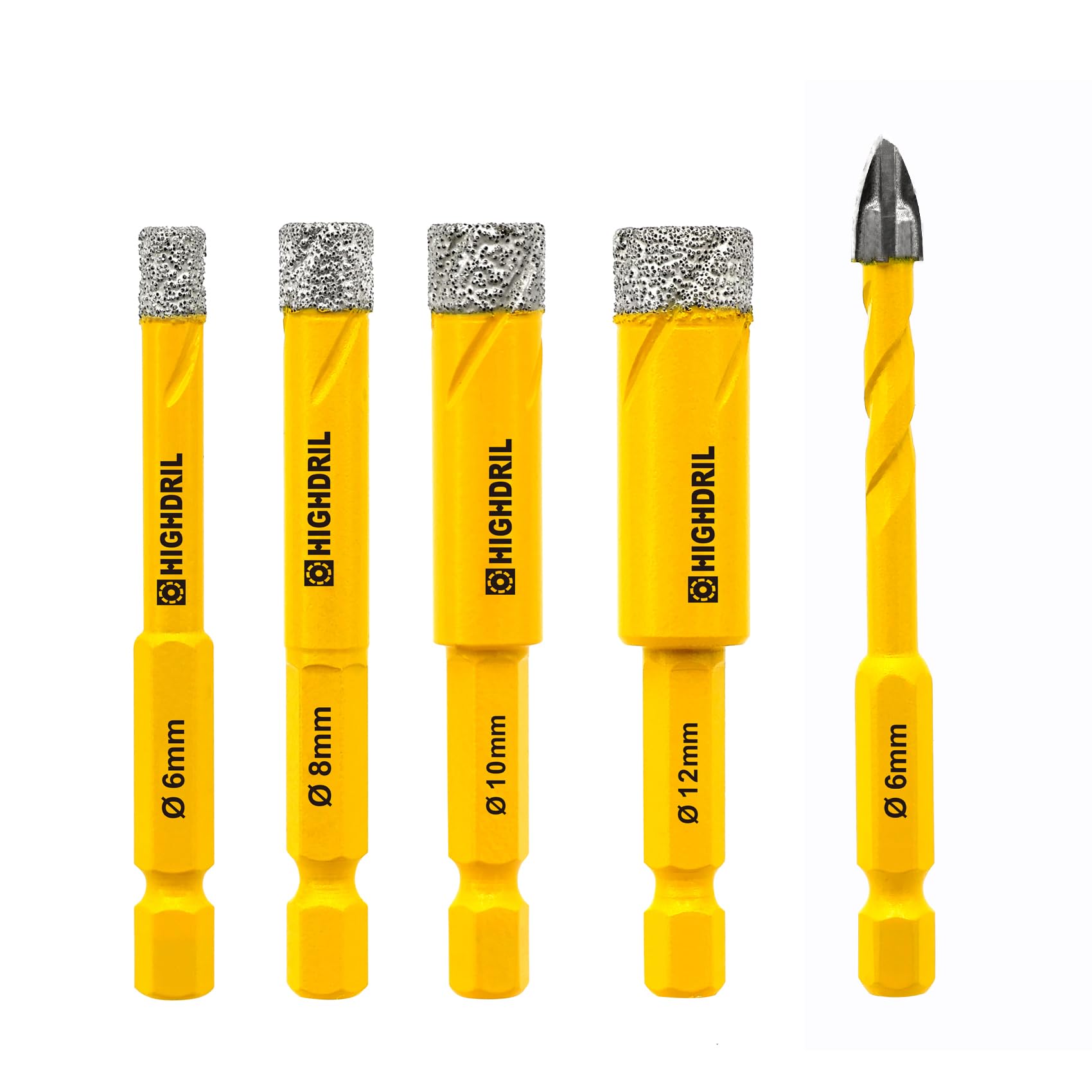 HIGHDRIL Dry Diamond Drill Bits Set 5pcs - 6/8/10/12mm Quick Coupling Shank Diamond Hole Saws+6mm Carbide Drill Bit for Granite Marble Porcelain Ceramic Tile