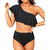 Tempt Me Women Two Piece High Waisted Bikini Set Swimsuit One Shoulder Ruffle Bathing Suits Tummy Control Ruched Swimwear