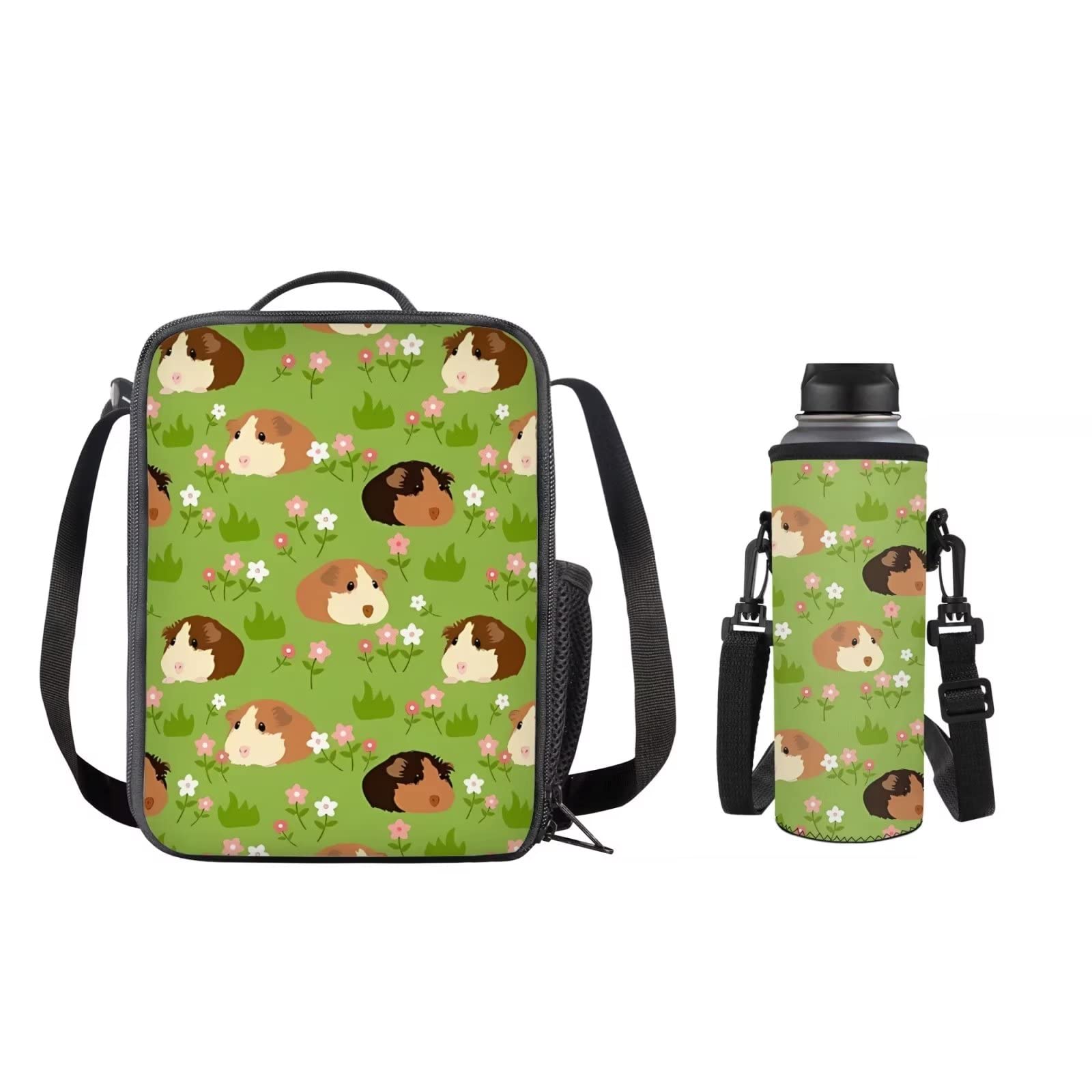 SEANATIVE Guinea Pig Flower Print Lunch Bag Cooler Tote for School Kids Girls Durable Lunch Box Meal Pack and Water Bottle Holder Bag