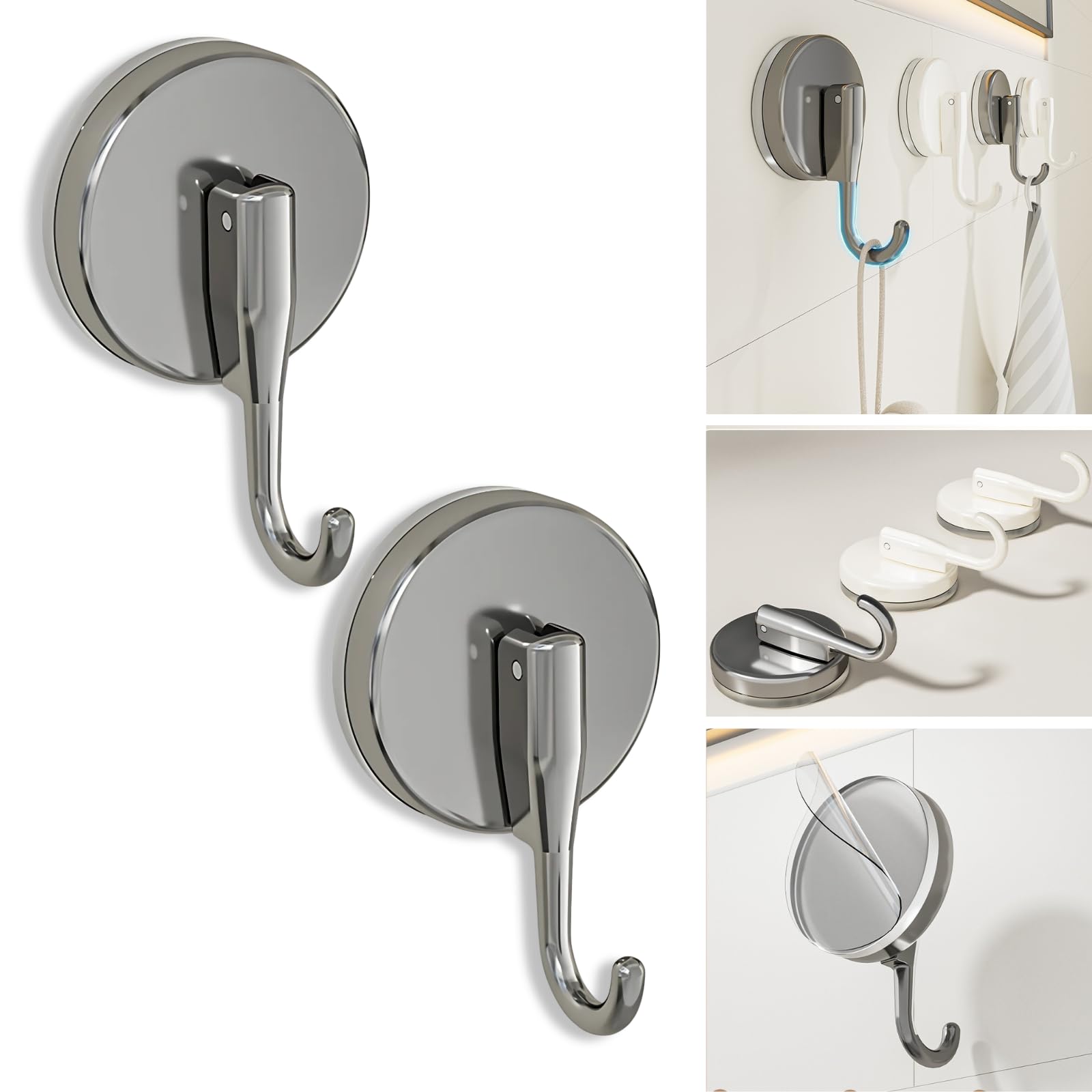 Boxonly Suction Cup Hooks for Shower, Single Hook for Hanging in Shower, Mounting on Glass, Tile, Mirrors, or Metal Surfaces - Gun Gray (2 Pack)