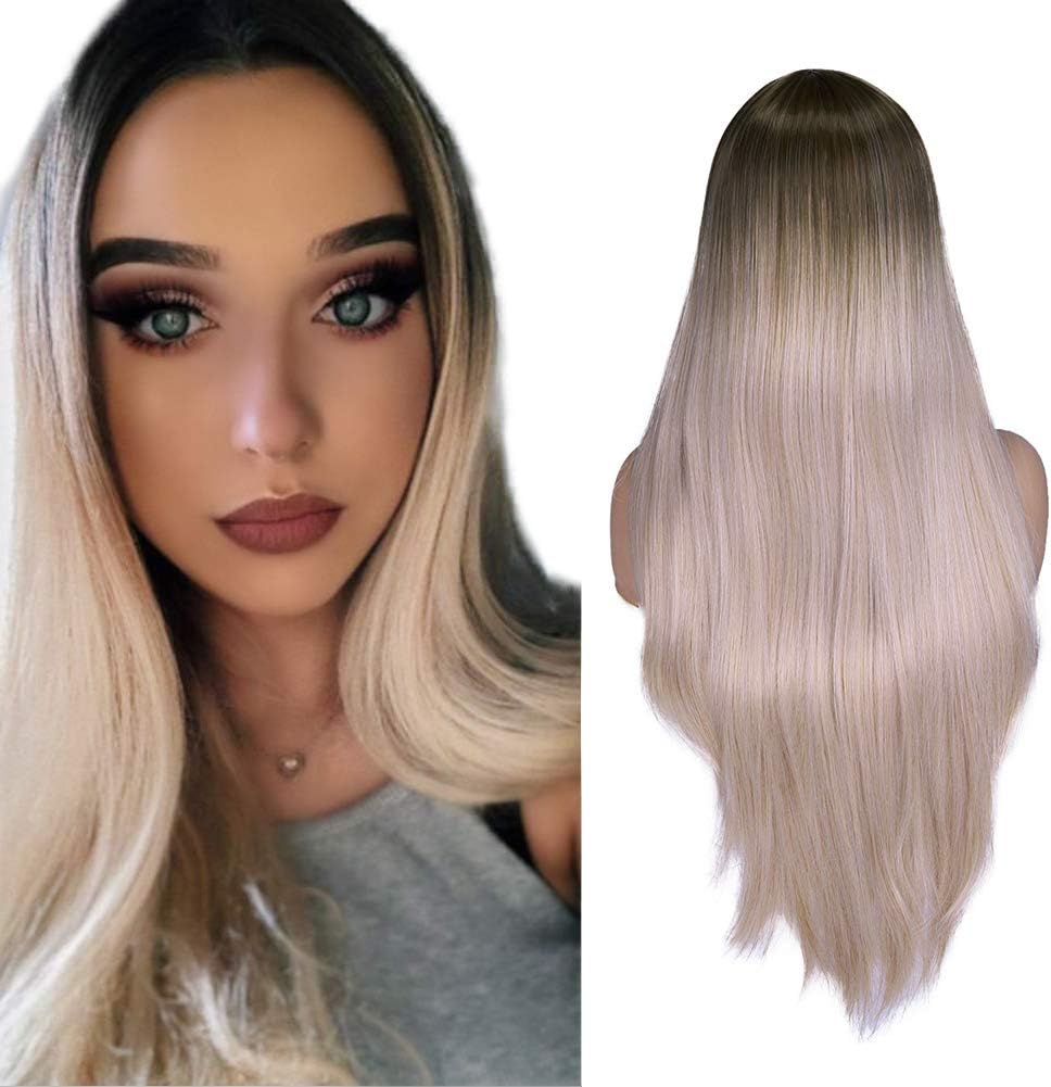 Hanne Fashion Long Straight Wig Brown To Ash Blonde Synthetic Wig Middle Part Heat Resistant Fiber Party Cosplay Halloween Costume Wig for Women