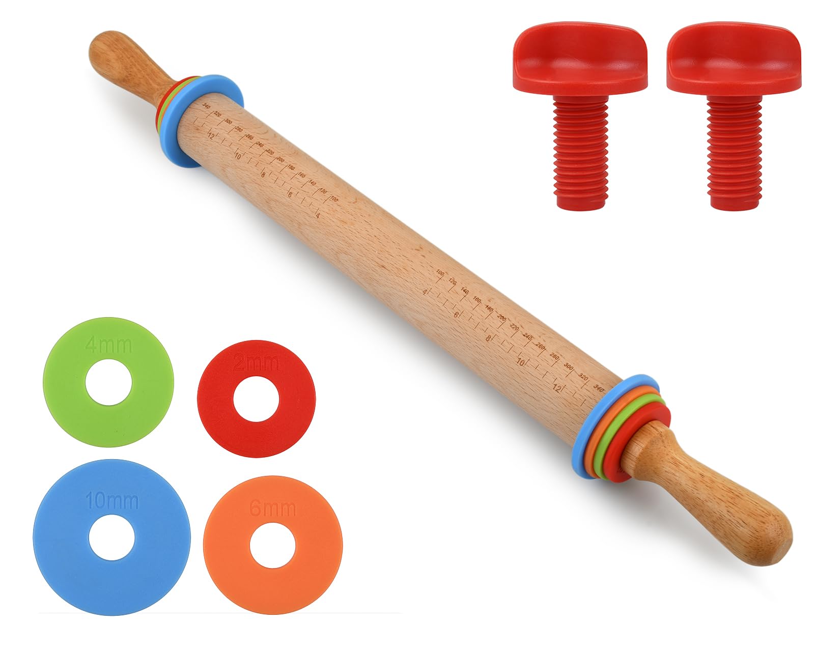 ds. distinctive style Rolling Pin with 4 Adjustable Thickness Rings 13.6 Inch Wooden Dough Roller for Baking, Dough, Cookie, Cake, Fondant, Pizza and Pie Crust