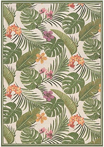CouristanDolce Outdoor Area Rug - Flowering Fern 4' X 5'10" Rectangle in Ivory and Hunter Green Color, Hose Washable, Pet Friendly, Patio and Home Decor