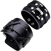 BaBakiak Wide Leather Cuff Bracelet, 2PCS Black Braided Leather Wristbands for Men Women