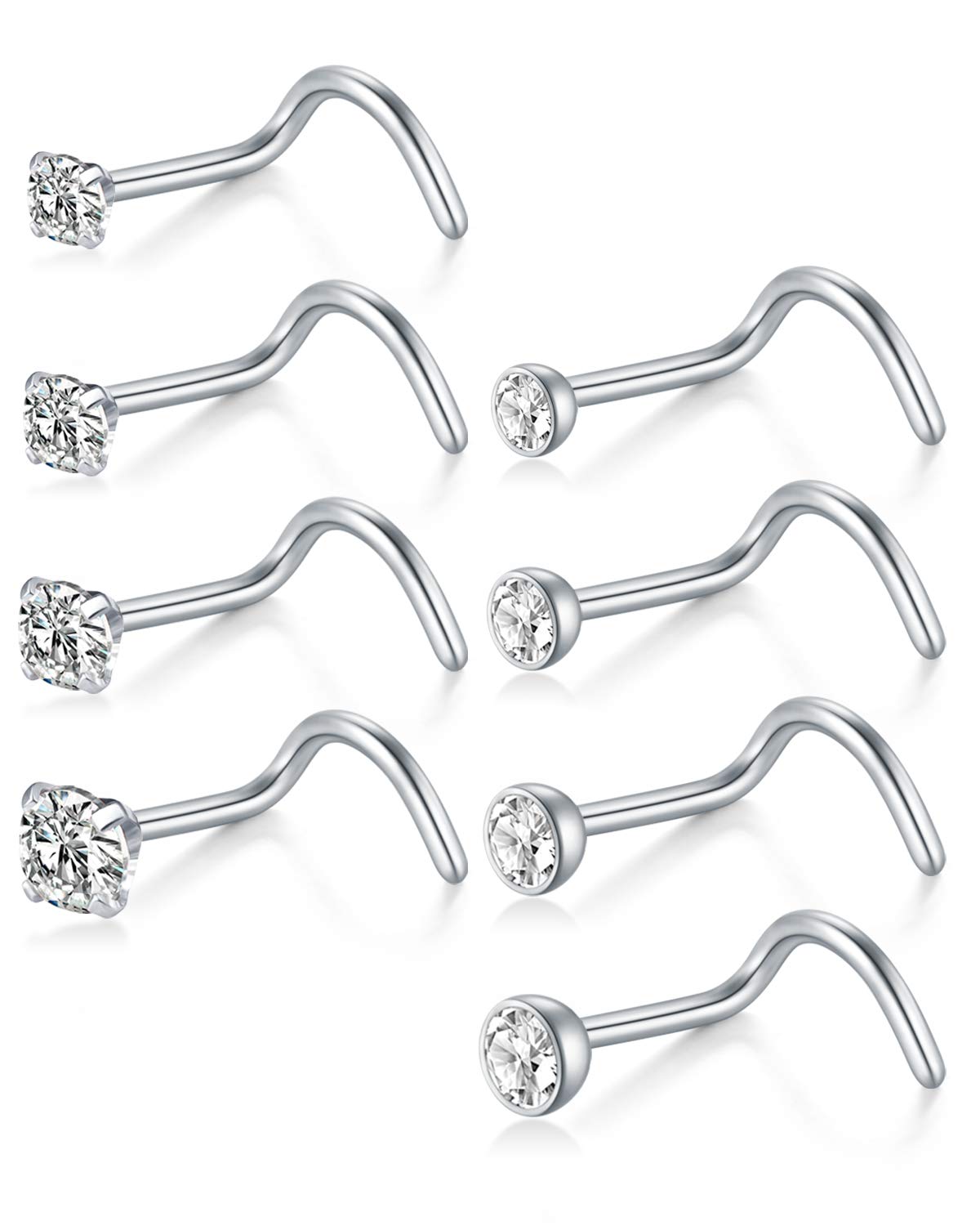 AceFun Nose Screw Studs Piercing Screws 18G 1mm Nose Screw 1.5mm 2mm 2.5mm 3mm CZ 8PCS Silver Screw in Nose Bars