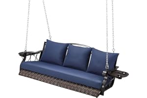 ZZW 3-Person Wicker Porch Swing Chair Heavy Duty 900 LBS Outdoor Rattan Patio Swing Chair w/Cup-Holder & Steel Chains Hanging Bench Porch Swing Cushions for Deck & Backyard & Garden