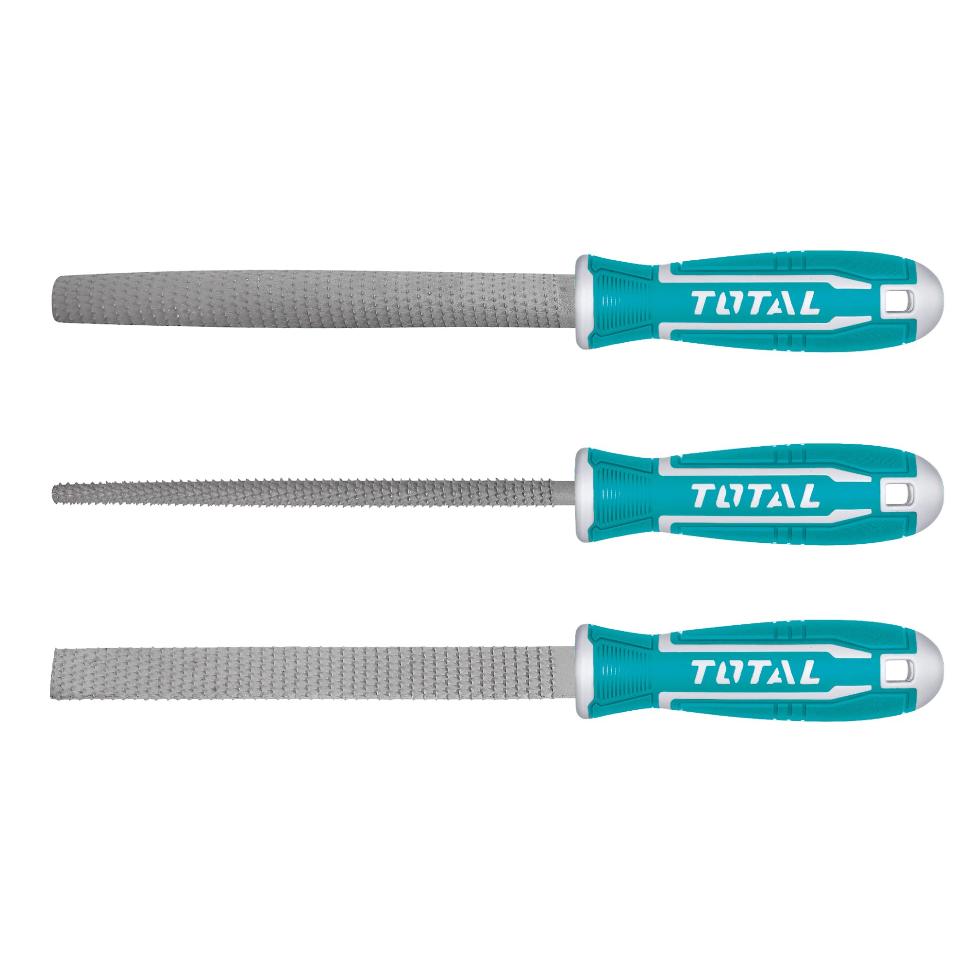 TOTAL - Set of 3 Rows | 200mm (8'') | Flat File, Half Circle File and Round File | Ideal for Carpentry | for Filing Wood, Plastic or Metal | Turquoise Steel
