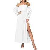 OULESIS Women Boho Maxi Dress Sexy Off Shoulder Long Sleeve Smocked Flowy Dresses A Line Tiered Sundress Slit Wedding Dress