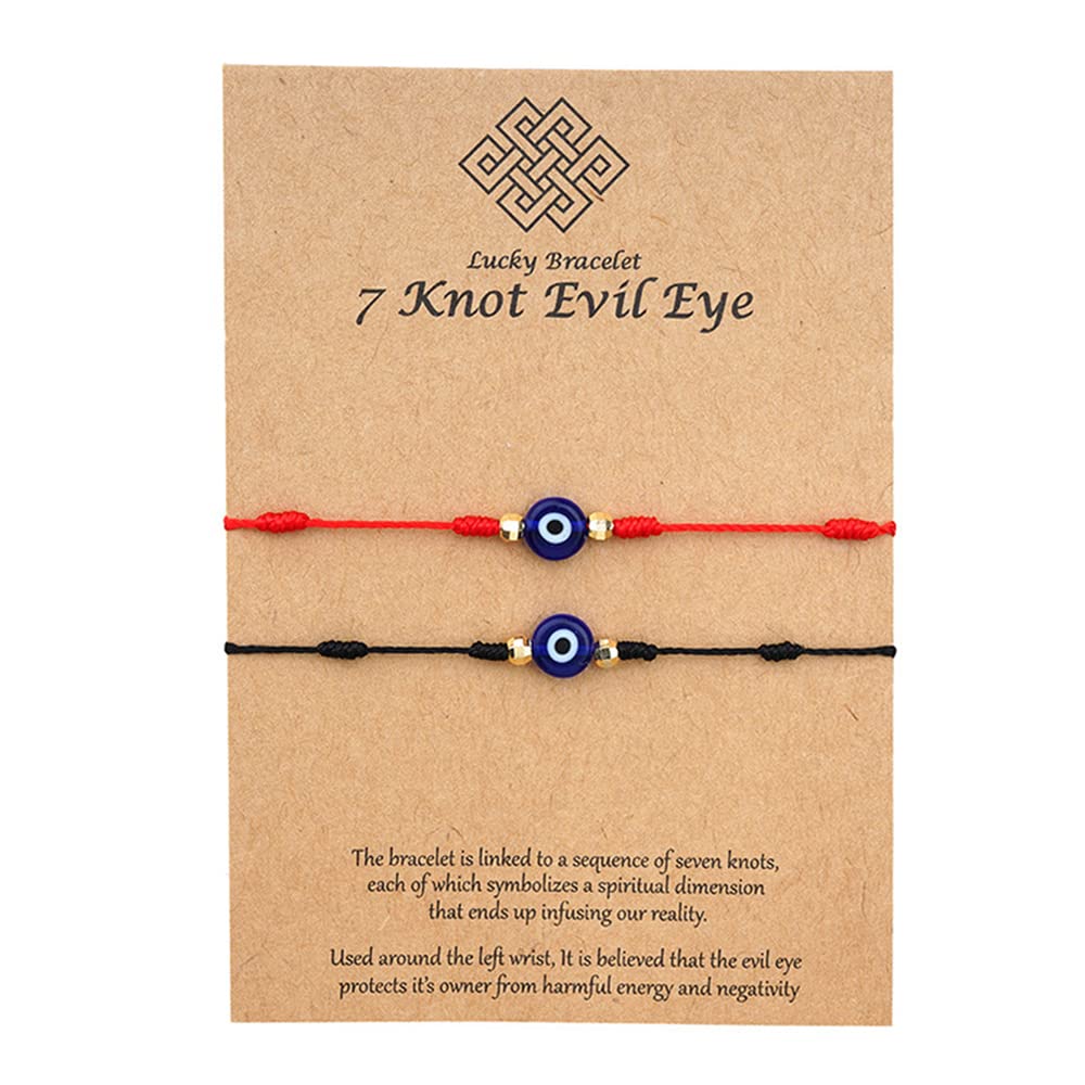 Rhdun 7 Knot Lucky Evil Eye Bracelets for Women Men, Adjustable Black Red String Amulet Handmade Bracelet with Wish Card for Boys & Girls Friendship Couple Protection Jewelry Gifts
