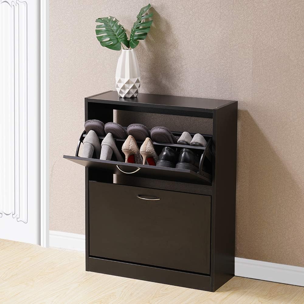 HomJoy Modern Design Shoe Cabinet, Wooden Shoe Rack Closet Hallway Storage Organiser Unit (Black 2 Drawer)