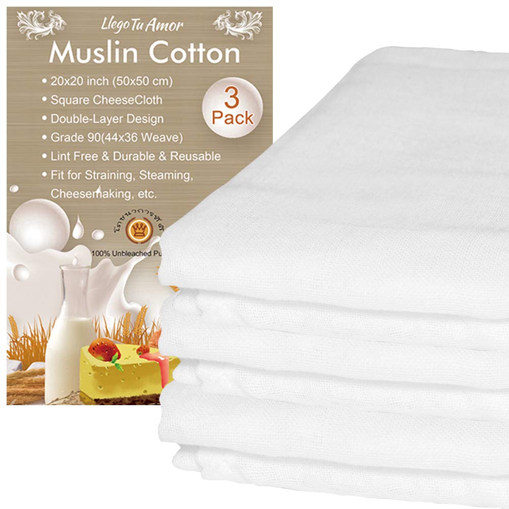 3 Pack Dual Layer Design Pure Cotton Muslin Cloths for Straining, Ultra Fine Soft Square Grade 90 Cheesecloth (50 x 50 cm), Cheese Cloths Muslin Cloth Weave Fabric Filter for Cooking, Baking