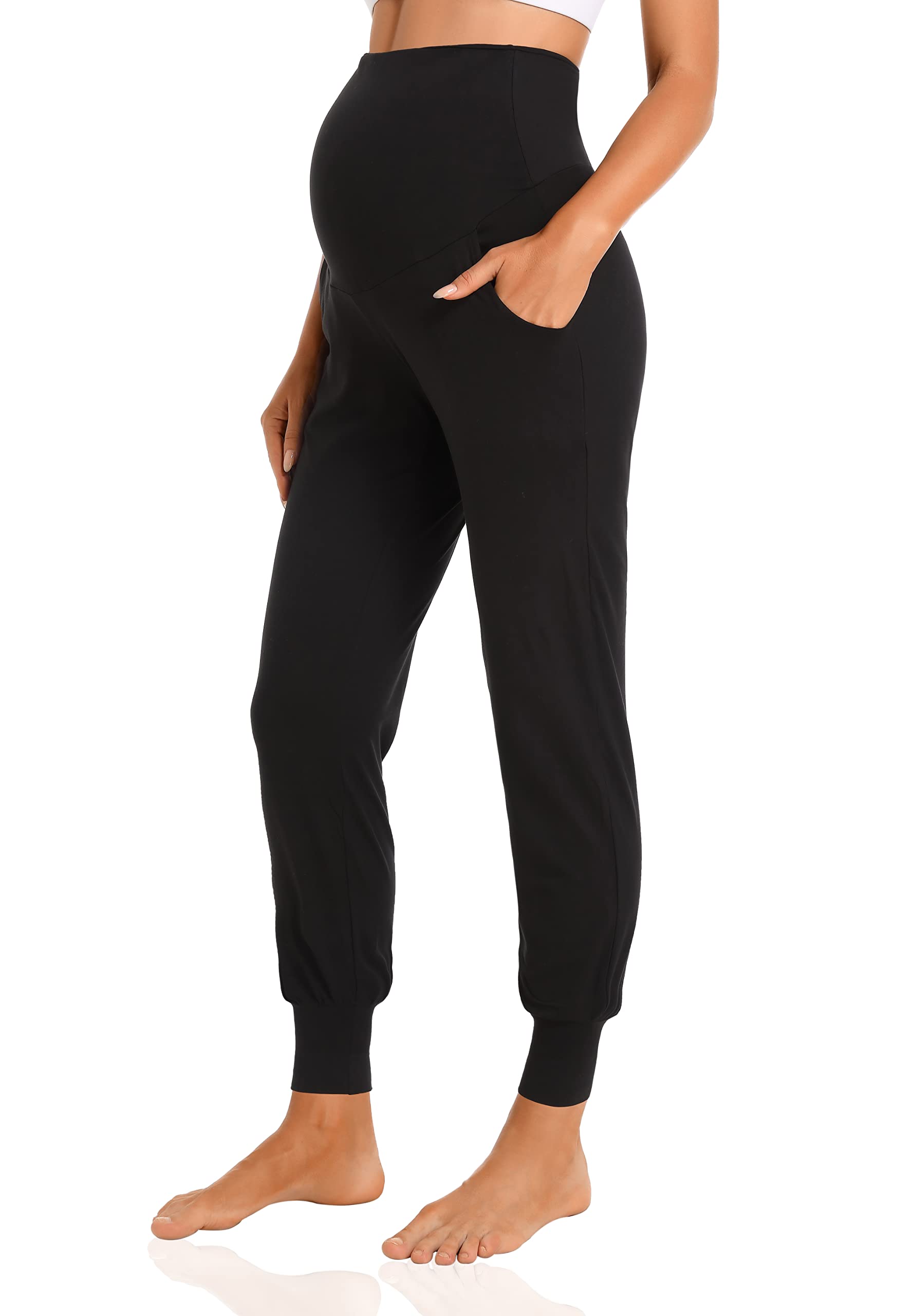 Photo 1 of V VOCNI Women's Maternity Pants Maternity Activewear Jogger Track Cuff Sweatpants Over The Belly Stretchy Pregnancy Pants Black