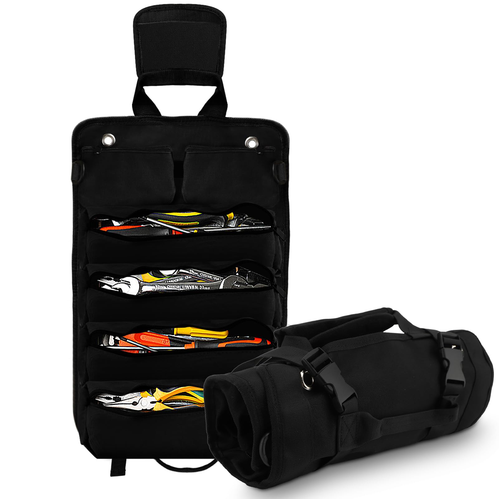 Tool Organizer Bag, Tool Roll Up Bag for men, Roll Up Tool Bag Organizer for Mechanic Tool Hardware Repair Electrician Tools (Black)