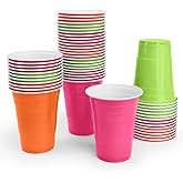 xo, Fetti Pink, Orange + Green Plastic Cups - 50 Disposable 16 oz Cups |Final Fiesta Bachelorette Decorations, Rave Birthday Party Favors, Cinco de Mayo Neon Drinkware Supplies