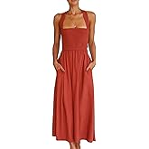 Sexyshine Women's Square Neck Halter Lace Up Criss Cross Maxi Dress Tie Back Sleeveless Smocked Ruched A Line Dress