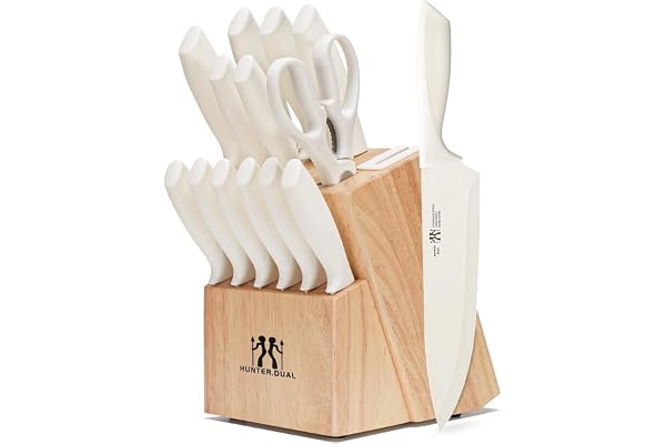 HUNTER.DUAL Knife Set, Dishwasher Safe Kitchen Knife Set with Block, 15 Pcs Cream Kitchen Knife Sets with Block Self Sharpeni