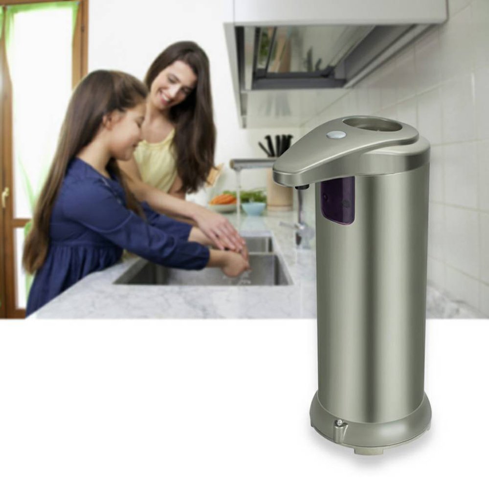 Fun Sponsor Automatic Soap Dispenser, 250ML Stainless Steel Touchless Liquid Sensor Soap Dispenser Soap Holder Hand Free with Waterproof Base for Kitchen Bathroom (Silver)