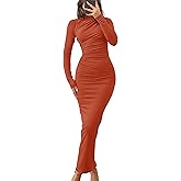 ZESICA Women's Fall 2026 Long Sleeve Bodycon Maxi Dresses Sexy Ruched Crew Neck Slim Fit Cocktail Party Dress