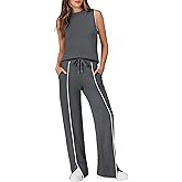 Casly Lamiit Women's 2 Piece Outfits Summer Casual Mock Neck Sleeveless Top Wide Leg Pant Sets Front Slits Travel Sweatsuit