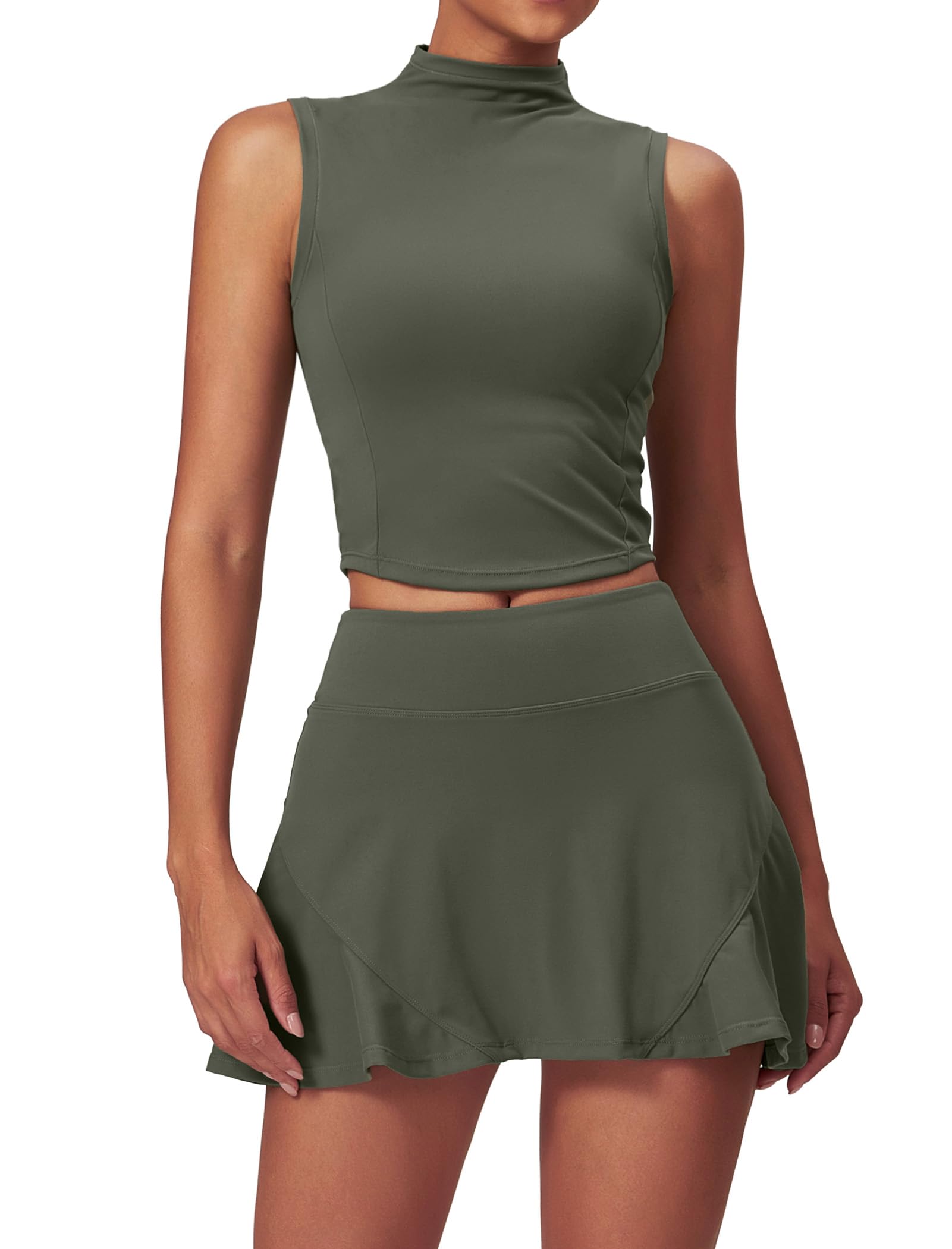Photo 1 of ABOCIW Tennis Dress Women 2 Piece Golf Outfits High Waist Plested Tennis Skirt with Shorts Sleeveless High Neck Workout Crop Tank Top Athletic Dress Forest Green Small