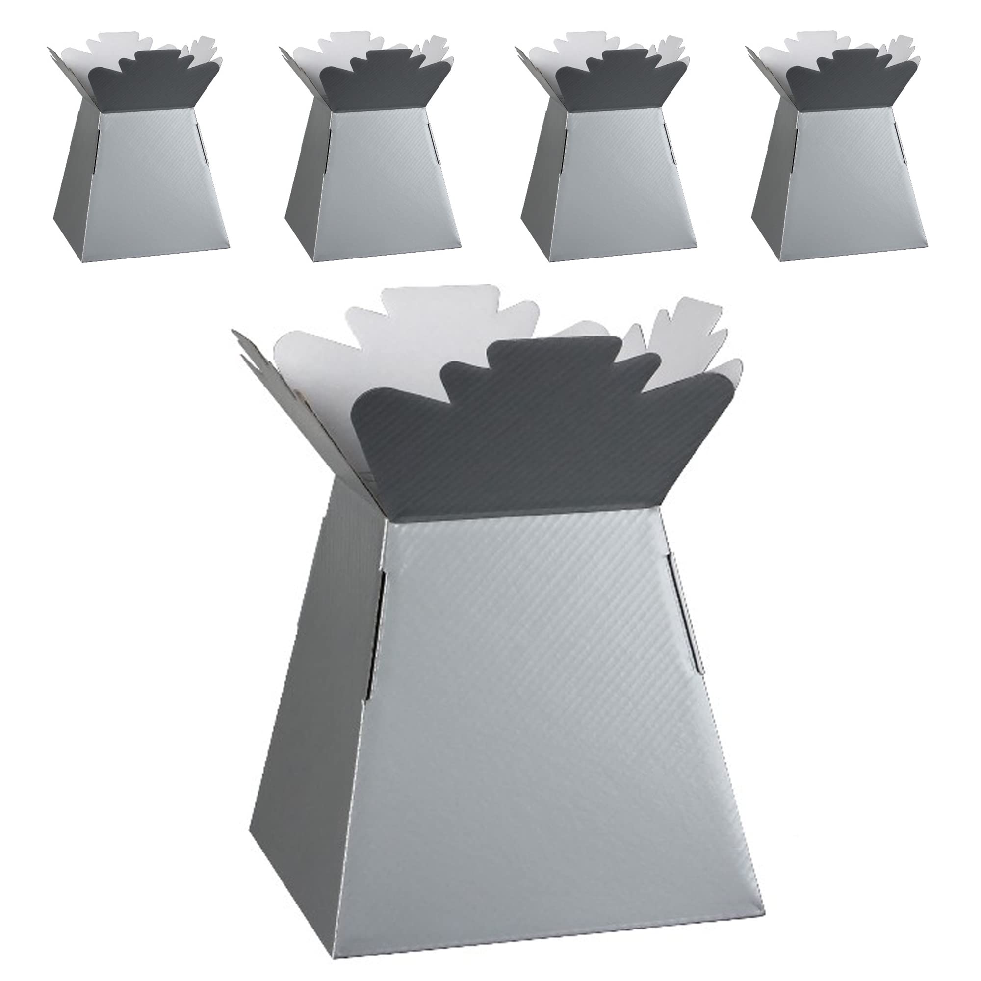 Flower Bouquet Boxes Florist Packaging Gift Craft Box Vase – Holder for Flowers, Bouquets, Plants, Sweets – Decoration for Wedding, Birthday, Anniversary, Floral Arrangement – Pack of 5 – Silver