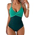 B2prity Women's One Piece Swimsuits Tummy Control Front Cross Bathing Suits Tie Back Slimming V Neck Swimwear