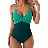 B2prity Women's One Piece Swimsuits Tummy Control V Neck Bathing Suits Tie Back Slimming Front Cross Swimwear