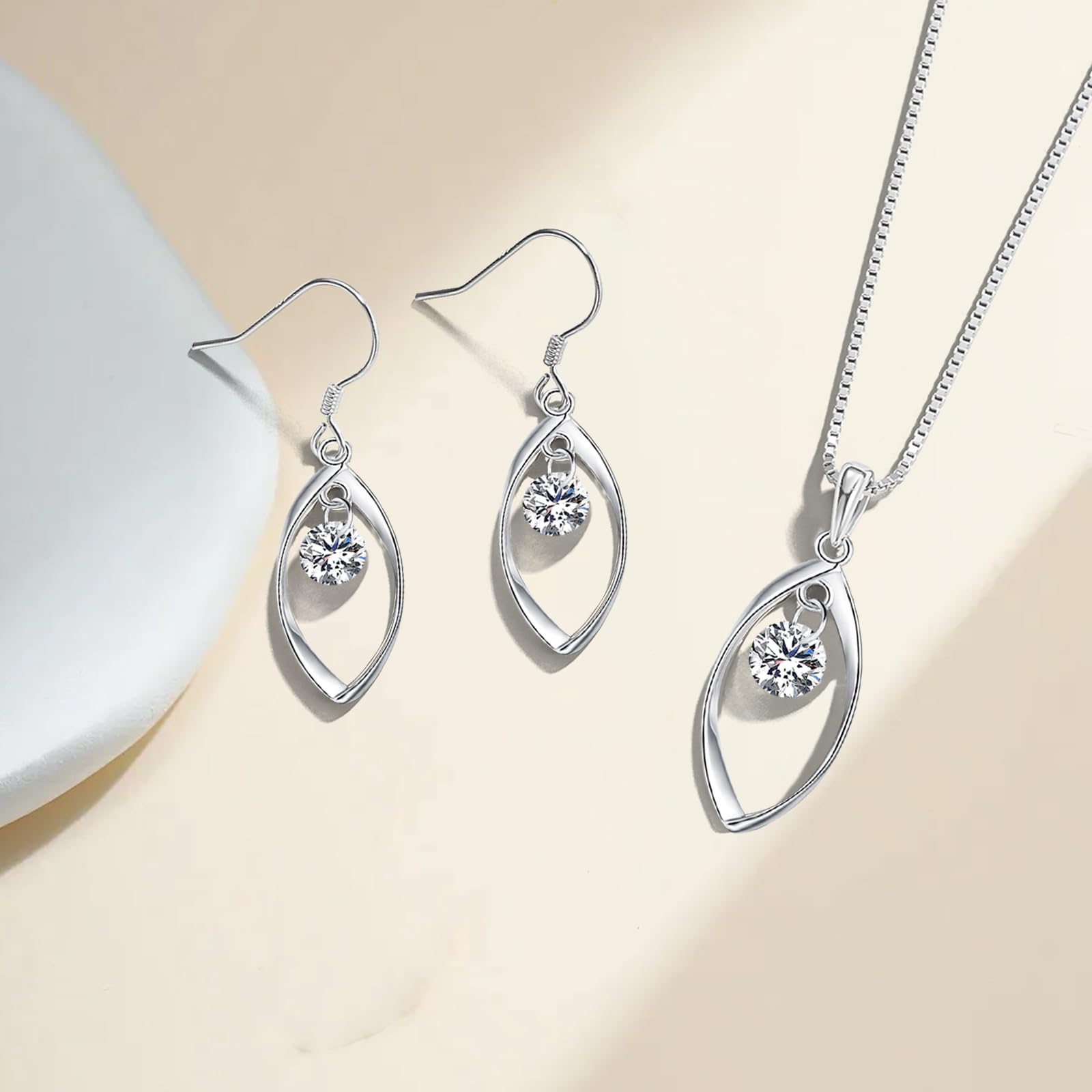 Zolkamery Silver Jewellery Set for Women, 925 Sterling Silver Women's Jewellery Sets with White Zirconia, Fashion Twist Pendant Necklace & Hook Dangle Earrings Set, Gift for Wife on Valentine’s Day