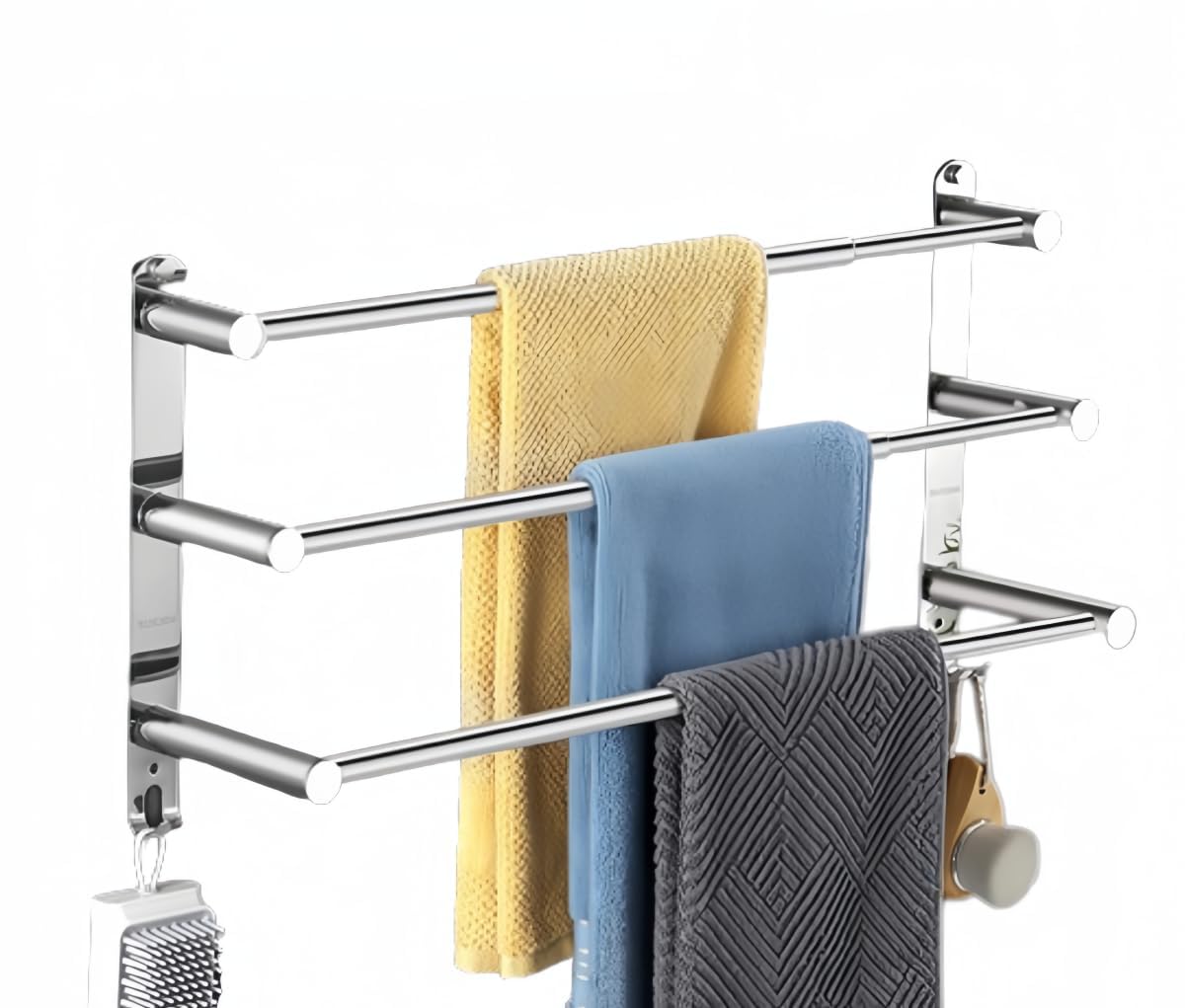 Tannest Towel Rail, Wall Mounted 3-Tier Bath Towel Rack, SUS 304 Stainless Steel Towel Rack with Hooks, 2 Installation Methods Suitable for Bathroom, Kitchen, Office Adjustable Towel Racks-43-75cm