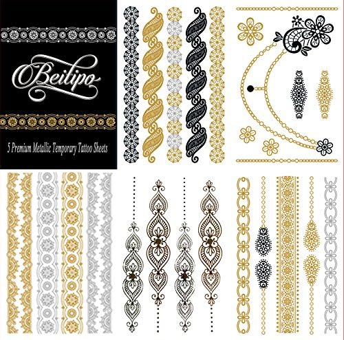 Beitipo Metallic Tattoos Temporary & Sexy, Jewelry Inspired for Shimmer Body Art Deluxe Kit Set, 5 Premium Sheets, Silver Gold & Black