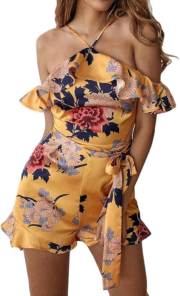 NiSeng Jumpsuit Damen Kurz Sommer Elegant Blumen Floral Overall Boho