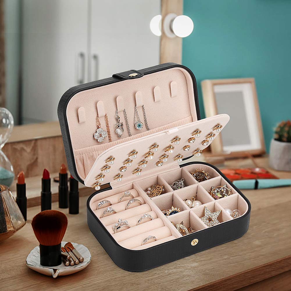 FEISCON FEISCON Small Jewelry Box Necklace Ring Storage Organizer Mini Jewelry case Double Layer Travel Jewelry Organizer for Women Girls Gift/Black