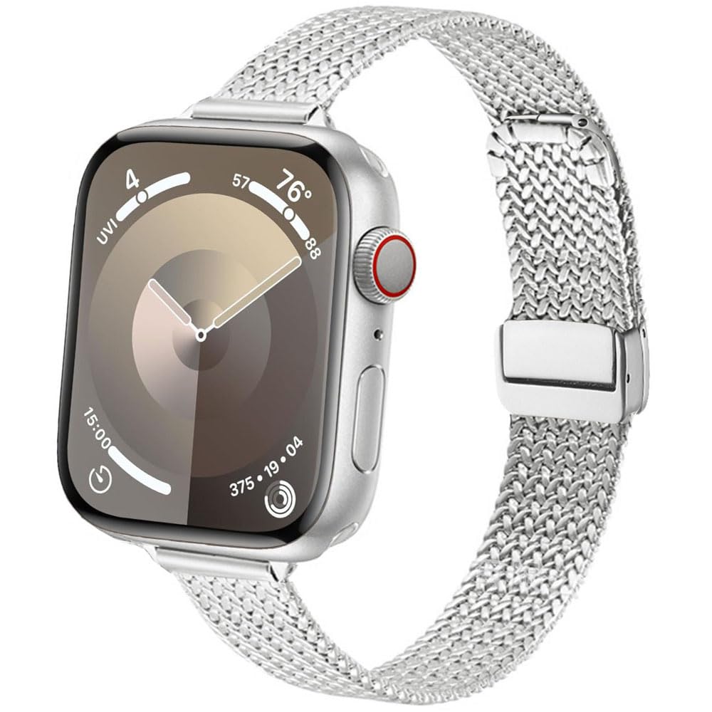 DEALELE Strap Compatible with Apple Watch 49mm 45mm 44mm 42mm, Stainless Steel Metal Milanese Mesh Replacement Bands for iWatch Series 9/8 / 7/6 / 5/4 / 3 / SE/Ultra Women Men, Silver