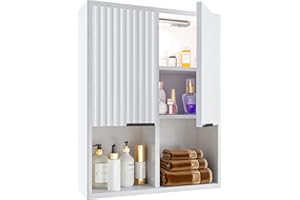 HAIOOU Fluted Bathroom Wall Cabinet with Motion Sensor Light, Curved Profile Wooden Medicine Cabinet Wall Mounted Cupboard, Wave Like Over Toilet Storage Cabinet with Buffering Hinges - Modern White