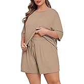 Lastshe Womens Plus Size Pajama Set 2 Piece Soft Short Sleeve with Pockets Summer Shorts Sleepwear Knit Pjs Lounge Set